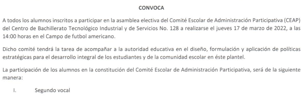 Convocatoria alumnos comite escolar para alumnos