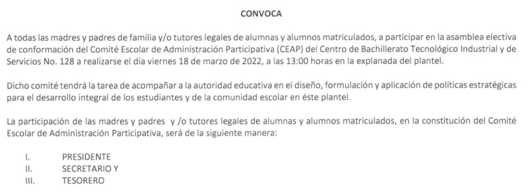 Convocatoria alumnos comite escolar para padres de familia